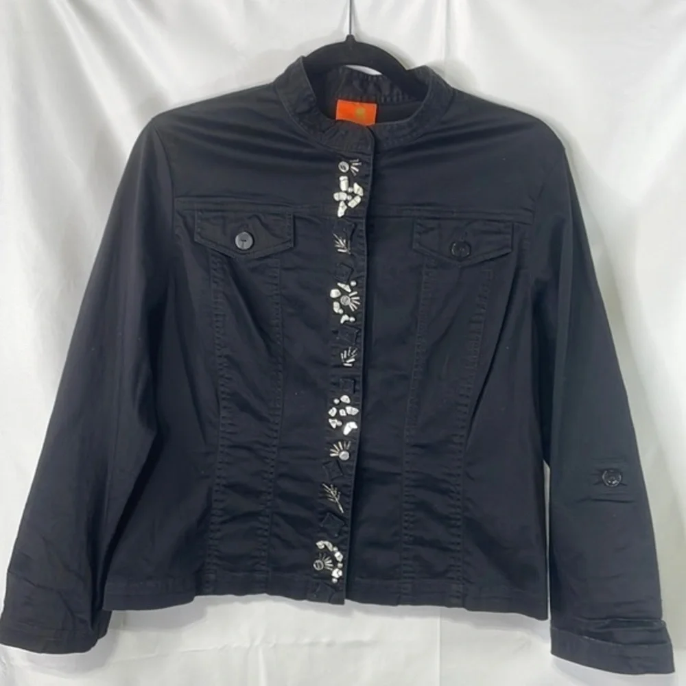 Hearts of palm, black cotton stretch, shell and bead detail jacket